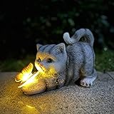 Katzenfigur Garten Deko Katze Gartendeko Schmetterlinge Solarlampen für Außen Balkon Gartendekoration Innenhof Layout niedlichen Katze Top Schmetterling Ornamente Harz Solarleuchten (grau)