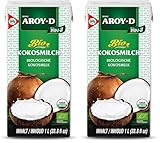 Aroy-D Bio Kokosnussmilch – Kokosmilch zum Kochen und Backen – Ideal für Desserts, Suppen, Smoothies und Cocktails – 1 x 1 l (Packung mit 2)