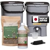 Bokashi Eimer Starterset - Japanisches Design - 2 Eimer (grau) + Bokashi Ferment + EM aktiv + Bokashi Broschüre