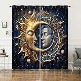 AILONEN Sonnen- und Mond-Fenstervorhänge, Boho-Vorhang im exotischen Stil, für Schlafzimmer, Wohnzimmer, blau-goldfarben, Bohemian-Mandala-Dekor, Ösenvorhang, böhmische himmlische Fenstervorhänge, 2