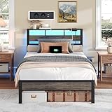HOOBRO Bett 140 x 200 cm mit Lattenrost, Bettgestell mit Kopfteil, LED-Beleuchtung, Ladestation (2AC，2USB-A), Doppelbett, Metallbett, Bettrahmen für Schlafzimmer Gästezimmer, Anthrazit EBC78CDBF01
