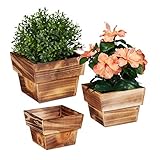 Relaxdays Blumentopf im 3er Set, geflammtes Holz, für außen & innen, viereckig, Deko für Pflanzen, Pflanzengefäß, Natur