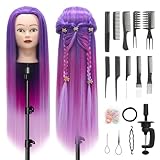 Trainingsköpfe, 28 inch Frisierkopf 100% Synthetikfaser-Haar Übungskopf, Frisurenkopf Ausbildung Kopf Mit Halter + DIY Haar Styling Braid Set (Lila rot rosa)