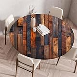 Muiuou Holzmaserung Drucken Tischdecke Rund, Elastische Tischdecke Outdoor Wetterfest, Gartentischdecke Rund mit Gummizug für Balkon, Garten, Esszimmer, Wohnzimmer