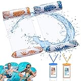 Weeupolfun Aufblasbares Schwimmbett Wasserhängematte, 2 Pcs Tropischer Regenwald Thema Palmblatt Druck Wasserhängematte Blau und Gelb, 4-in-1 Schwebende Luftmatratze für Sommer Partys