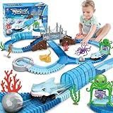 VATOS Rennstrecke Spielzeug ab 3 4 5 6 7 8 Jahre Kinder, 183 Stück Flexible Hai Autorennbahn mit Ball, Zugspielzeug im Meeresthema STEM-Lernspielset, Weihnachten Geburtstag Geschenk für Junge Mädchen