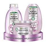 Garnier Wahre Schätze Glättendes Haarpflege-Set für mittellanges bis langes Haar, Ritual & Stärke Reiswasser-Shampoo (250 ml), Reiswasser-Spülung (200 ml), Reiswasser 1-Minute Haarkur (340 ml)