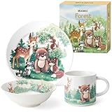 MIAMIO - 3er-Set Kindergeschirr/Porzellan Kinderbesteck, Kindergeschirr-Set aus Porzellan - Inklusive Teller, Schüssel und Tasse - Für Kinder und Kleinkinder (Wald)