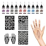 Henna Set mit 10 Flaschen Tinte, 67 Pcs Schablonen und Henna Schablonen Hand Kit für Farbe DIY Gefälschte Tattoos, für DIY Temporäre Tattoos für Kreative Tattoo Designs Festen