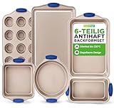 NutriChef Backformen-Set 6-teilig – Backblech, Muffin Backform, Kastenform Antihaftbeschichtet, ofenfest bis 230 °C, stapelbar mit Silikongriffen aus Karbonstahl – ideal für Kuchen, Brot und Muffins