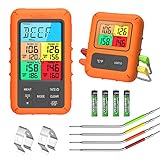 Brifit Grillthermometer, Funk Fleischthermometer, Digitales Bratenthermometer mit 4 Sonden, Großes LCD-Display, 150m Reichweite Kochthermometermit Timer und Alarm für Steak Backofen Garten BBQ