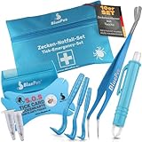 BluePet 10er Set mit Tasche Zeckenentferner für Hunde, Katze, Pferd & Mensch mit Zeckenzange, Zeckenhebel, Zeckenpinzette, Zeckenkarte I Alternative zu Zeckenschutz, Zeckenmittel