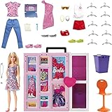 Barbie-Kleiderschrank Kleidung Und Accessoires, Mit Klapptüren Und Tragegriff, Inkl Puppe Mit Blonden Haaren, Geschenke Für Kinder Ab 3 Jahren,HGX57