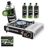 CAMPLORA Gaskocher + 4 Gaskartuschen + Tragekoffer mit Piezozündung - Campingkocher 2,2 kW - inkl. Sicherheitsabschaltung - Gaskocher Camping, Camping Kocher 1 flammig MSF-1a