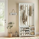 VASAGLE Garderobenständer, Kleiderständer, Schuhbank, Garderobe, Jackenständer mit Ablage, 7 Doppelhaken für Jacken, Hüte, Flur, Schlafzimmer, Wohnzimmer, 35 x 81 x 180 cm, vintageweiß HSR414W01