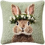 kitphoenix Knüpfkissen-Set,süßes Hasen-Blumenkranz-Porträt mit vorgedrucktem Kissenbezug,DIY Latch Hook Kissenbezug,Häkelgarn-Bastelset für Hobby und Heimdekoration,43x43 cm,3