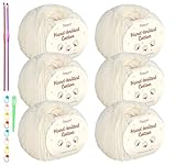 Baumwolle Beige 6er, 100% Baumwollgarn für Baby Superweiche Kindermilch Häkel- & Strickgarn - (50 g/Ball) mit 2 Metallhäkelhaken (2,5-3,5 mm) Baby Fluffy Ball zum Handstrickgarn