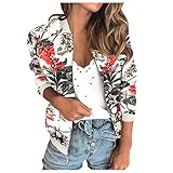 MINYA Damenjacke, schick, elegant, Herbst, Blumendruck, langärmlig, mit Taschen, leicht, Bomber-Sweatshirt, modisch, lässig, Sport, Vintage, Outwear, Reißverschluss, kurz, mehrfarbig, 13 - Weiß, 38