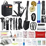 Außen Notfall Survival Kit mit Erste Hilfe Set, WayinTop 180PCS Survival Ausrüstung mit Wasserfilter Stroh Multi-Tool Hammer Axt, Geschenke für Männer Camping/Abenteuer/Wandern im Freien (Schwarz)