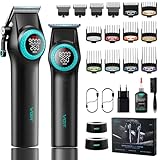 VGR 001 & 977 Profi Haarschneider für Herren, Kabelloser Haarschneidemaschine und Zero Gap Haartrimmer Set, USB Aufladung Barbier Set mit Ladebasis, DLC-Beschichteten Klingen, Spot LED Licht, Schwarz