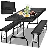 tillvex® Bierzeltgarnitur klappbar 3-teilig Set | Kunststoff Gartengarnitur wetterfest 180 cm | Gartenmöbel Set Indoor & Outdoor mit Gartentisch und Bänken | Festzeltgarnitur Rattan-Optik (Schwarz)