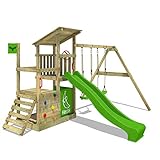 FATMOOSE Spielturm Klettergerüst FruityForest Fun XXL mit Schaukel & apfelgrüner Rutsche, Outdoor Kinder Kletterturm mit Sandkasten, Leiter & Spiel-Zubehör für den Garten