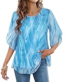 Timuspo Damen Sommer Halbärmel Doppelschichten Chiffon Rundkragen Elegante fließende Bluse
