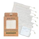 pandoo 7er Set Obst- und Gemüsenetze aus Bio-Baumwolle | 6 Einkaufs-Netze inkl. Brotbeutel | Plastikfrei und Unverpackt Einkaufen | Wiederverwendbare Einkaufstasche Netz, Obst Aufbewahrung