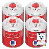 EVOCAMP 4X Propan Butan Gaskartuschen 450g einsetzbar für Weber Grills Q100/1000-Serien, Schraubkartusche Eurogewinde 7/16', Ventilkartusche 809ml mit Sicherheits-Verschlussautomatik