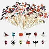 Bekeify Halloween Cocktailspieße 200Pcs Holzspieße Fingerfood 12cm Bambusspieße Cocktail Picks Totenkopf Obst Zahnstocher Cocktail Sticks Kürbis Fledermaus Geist für Halloween Kuchen Dekoration