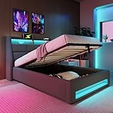 Bgsryao Bett 90x200 mit LED und USB, Polsterbett 90x200cm mit Stauraum und Kopfteil, Einzelbett mit Lattenrost aus Metallrahmen, Stauraumbett Jugendbett Modernes Bettgestell aus Leinen -Grau