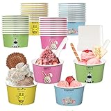 dellyy 40Pcs*Eisbecher aus Papier, mit 40 Löffeln, Materialien In Lebensmittelqualität Eis Becher Pappe, Süßes Muster, Papier Eisbecher, Eisbecher Einweg, für Kuchen, Eis und Getränke Verwendet (Tier)