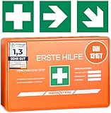 Erste Hilfe Kasten DIN 13157:2021 Small - Inkl. praktischer Wandhalterung, 3x Aufkleber, Gesichtsmasken & Feuchttücher - Verbandskasten DIN 13157 für Betriebe, Einrichtungen & Zuhause Orange