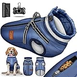 TRESKO® Hundejacke Winter mit Reflektoren inkl. 15 Stück Kotbeutel + Spender | Hunderegenmantel wasserdicht | Hundemantel mit Geschirr | Hunde Winterweste gefüttert (M, Navyblau)