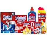 SOMAT Excellence 3in1 Caps 84 Stück 1,52 kg + Duo Power Gel 992 ml + Spezial-Salz 1,2 kg + Klarspüler 750 ml + Maschinenreiniger + Deo Zitrone & Orange – Komplett-Set Reinigung, Schutz & Frische