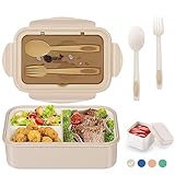 LUZOON Lunchbox Bento Box Brotdose Erwachsene 1400ml mit 3 FäChern für Kinder inkl. Besteck Jausenbox für Mikrowellen Und SpüLmaschinen, Schule Arbeit Picknick Reisen-Khaki+Saucenbox