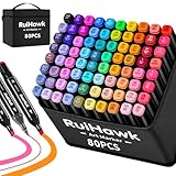 RuiHawk 80+2 Farben Alkohol Stifte Set, Meißel & Feine Verdoppelt Kunst Marker Filzstifte Set, 2 Sekunde Schnell Trocknende Alkohol Marker mit Anti-Seepage Abstandshaltern für Malerei, Design, Manga