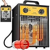 MASKO® Elektroheizer Heizlüfter Bauheizer Keramik Heizstrahler elektrisch Heizgerät mit Thermostat Elektroheizer mit 3 Heizstufen, Heizgebläse für Innen- und Außeneinsatz (Gelb, 5 KW - Eckig)