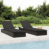 Rantry Sonnenliegen 2 STK. mit Tisch Schwarz Poly Rattan Gartenliege Strandliege Balkonliege Relaxliege Liegestuhl Möbel Terrassenliege für Balkon Garten Terrasse