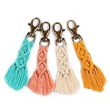 4 Stück Mini-Makramee-Schlüsselanhänger Boho-Makramee-Taschenanhänger mit Quasten, handgefertigtes Zubehör für Autoschlüssel, Geldbörse, Handy-Geldbörse, einzigartiges Geschenk, Partyzubehör