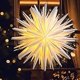 EANLOLY Weihnachtsstern Beleuchtet, Papiersterne Weihnachten, 3D Stern Fenster, Weihnachtsdeko Innen Zum Aufhängen mit Beleuchtung, Leuchtstern Lichterkette,45 cm Ø Weiß