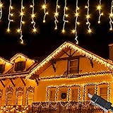 Meision Eisregen Lichterkette Außen 10m 400LEDs, Lichtervorhang mit 8 Modi und Timer, Speicherfunktion, IP44 Wasserfest, Eiszapfen Lichterkette Inner für Weihnachten Traufe Halloween, Warmweiß