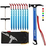 TAGVO Multifunktions Camping Hammer mit 8 PCS Zelt Heringe und 2 PCS Multifunktions Zeltstangen-Abzieher Set,Outdoor High Carbon Stahl Camping Zelt Hammer Aluminium Heringe erdnägel Set