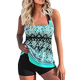 Tankini Damen Bauchweg mit Shorts Bademode Set Push Up Gepolstert Zweiteiliger Badeanzug mit Muster Tankinis Oberteil mit Badeshorts Strandmode Sport Beachwear