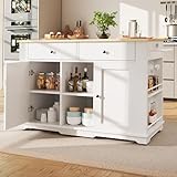 VSOGA Kücheninsel, Küchenwagen mit Steckdosenleiste ausgestattet, Küchenschrank, Servierwagen mit arbeitsplatte, buffetschrank, Speisewagen mit Holzmaserung, buffetschrank,weiß