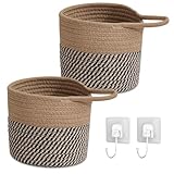 2 Stück Hängekorb, Wandkörbe Baumwollseilflechten 15 x 16 cm Aufbewahrungskörbe Mit Griff Hängekörbe Korb zum Aufhängen Körbchen Klein für Küche Bad Schlafzimmer Wohnzimmer (Bräunlich Schwarz)