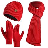 Kunyeah Mütze Schal Handschuhe Set Warm StrickmüTze Hut Lang Schal Touchscreen Handschuh Winter Accessoires für Herren Damen…