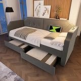 Ymkua Polsterbett Einzelbett Sofabett 90x200 cm, Kinderbett Schlafsofa Tagesbett mit 2 Stauraum Schubladen und USB-Type-C-Port, Jugendbett Bett mit Lattenrost und Leselicht, Samt,Ohne Matratze (Grau)