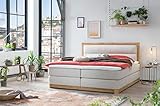 Belanoti Age Boxspringbett 180x200 Eiche 7-Zonen Taschenfederkern Matratze inkl Visco Topper Bett 180x200 in der Farbe Beige H2/H3 Polsterbett Hotelbett mit Massivholz Eiche Massivholzbett