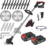 SMILOVII Rasentrimmer Mit Akku, Motorsense akku Mit 2x2000mAh Batterie, 6X Metallklinge & 10x Kunststoffklingen, kantenschneider und Akku Rasentrimmer für effiziente Rasenpflege und Unkrautbeseitigung
